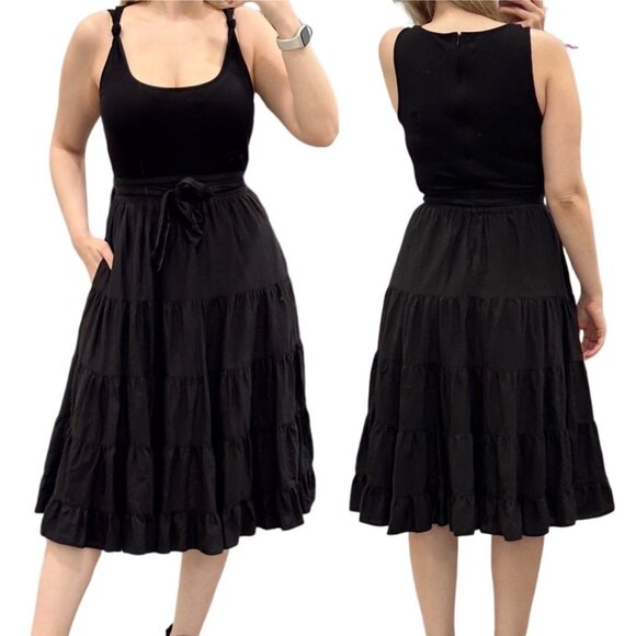 Paige Samosa Ribbed Knit Mixed Media Tiered A-Line Midi Dress in Black Size S - Picture 2 of 15